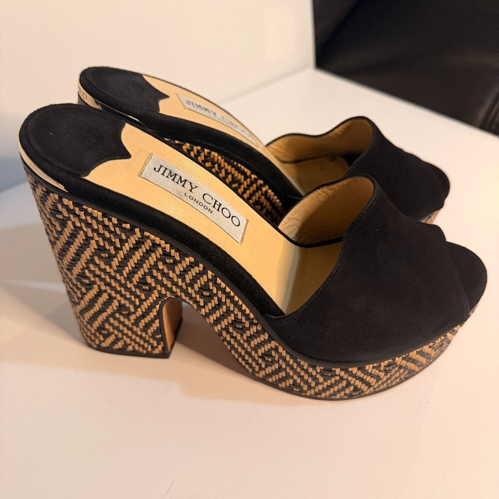 JIMMY CHOO SUEDE & WOVEN PLATFORM MULES 39